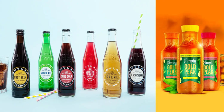Assorted Boylan sodas, Gold Peak teas, displayed on a blue and orange background