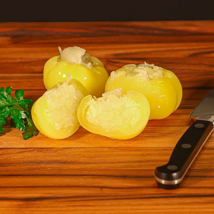  Hungarian stuffed yellow peppers filled with cabbage, imported and sold by the piece at Pendragon’s Smokehouse