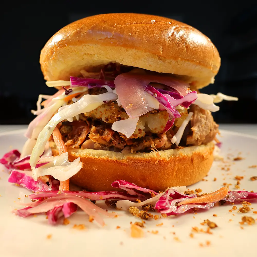 Pulled pork sandwich from Pendragon’s Smokehouse, wood smoked BBQ delivery in Essex County, New Jersey