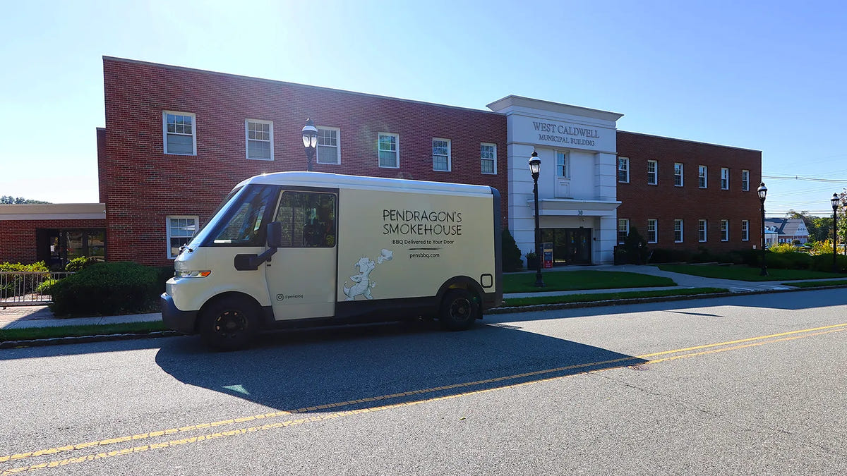 The Pendragon bbq delivery van park outside of West Caldwell Municipal Building