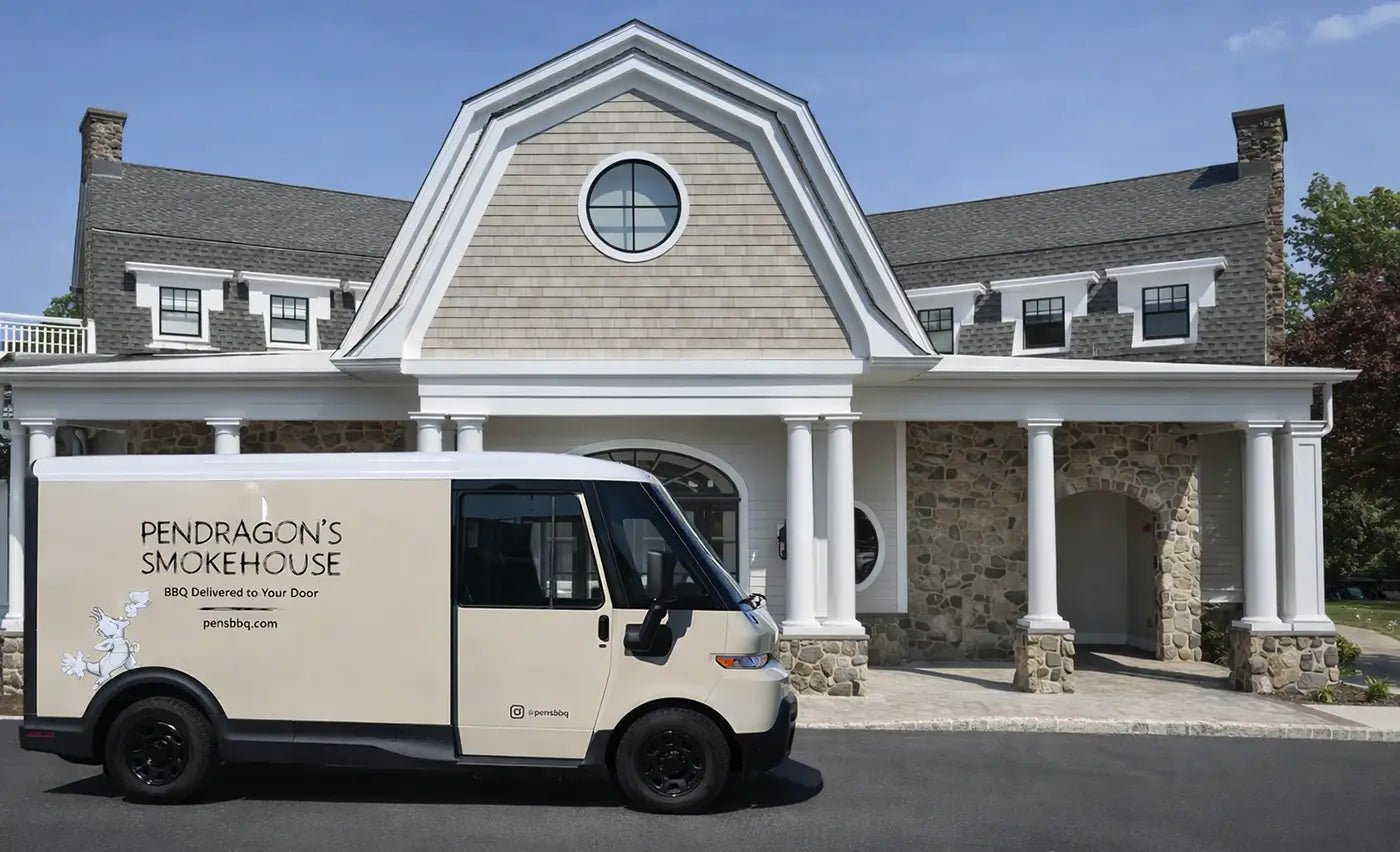 Pendragon's Smokehouse delivery van in front of a Glen Ridge Country Club (GRCC)