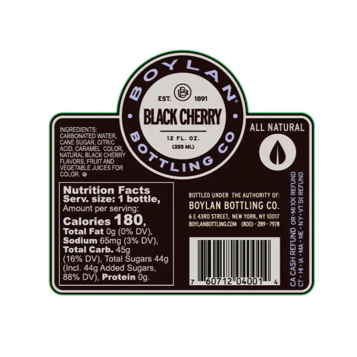 Two labels for Boylan Black Cherry Bottling Co. on a white background