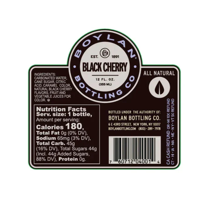 Two labels for Boylan Black Cherry Bottling Co. on a white background