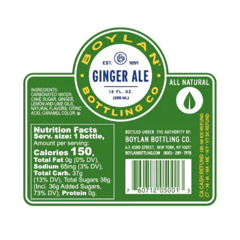 Boylan Ginger Ale label with green and white design on a white background
