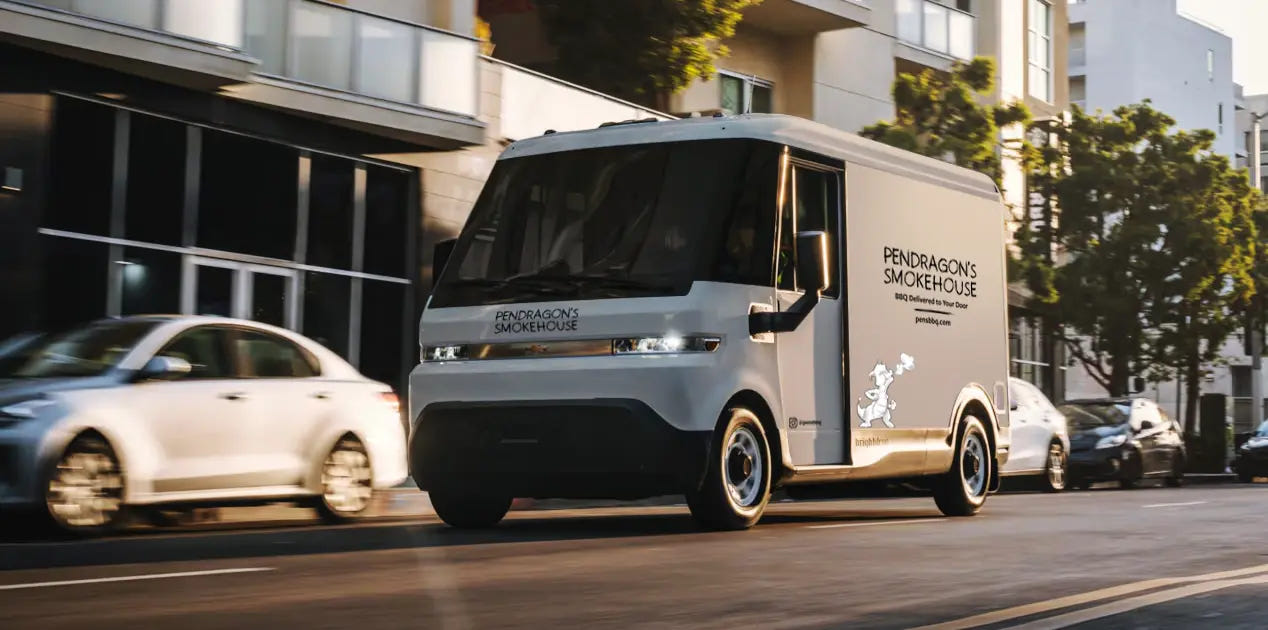 Pendragon’s branded BrightDrop delivery vehicle on the street, part of the local BBQ delivery fleet