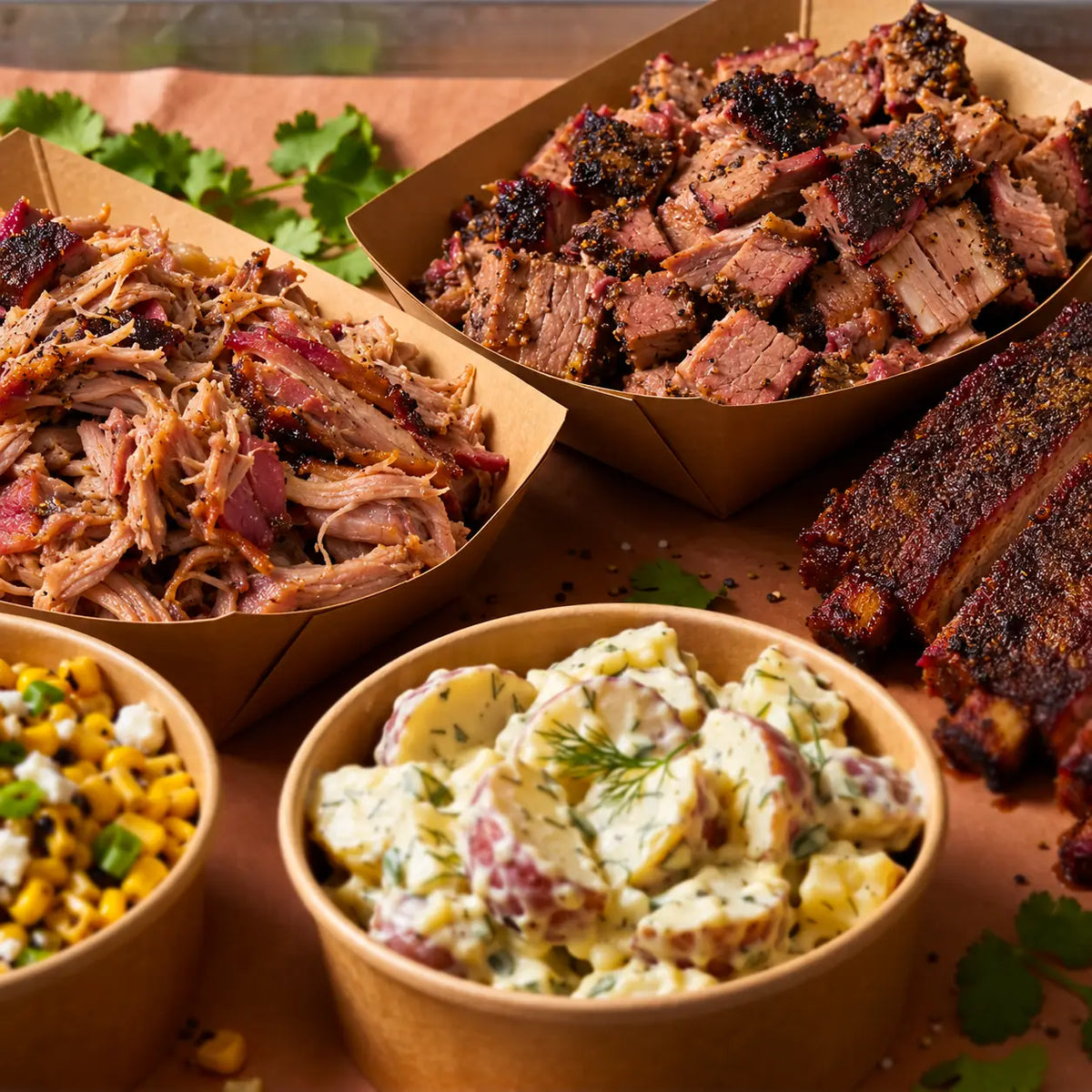 Pendragon’s Smokehouse BBQ catering spread with pulled pork and sides