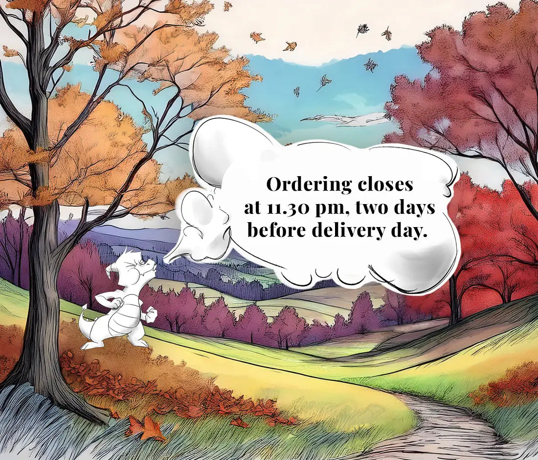Hand drawing of Pen the dragon blowing smoke that displays the cut-off ours for ordering, on a winter themed background