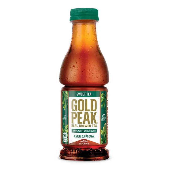 A bottle of Gold Peak Sweet Tea with a green cap and label that reads 'Gold Peak, Real Brewed Tea, 18.5oz'.