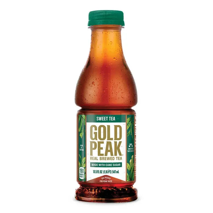 A bottle of Gold Peak Sweet Tea with a green cap and label that reads 'Gold Peak, Real Brewed Tea, 18.5oz'.