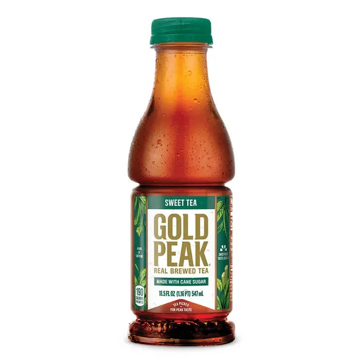 A bottle of Gold Peak Sweet Tea with a green cap and label that reads 'Gold Peak, Real Brewed Tea, 18.5oz'.