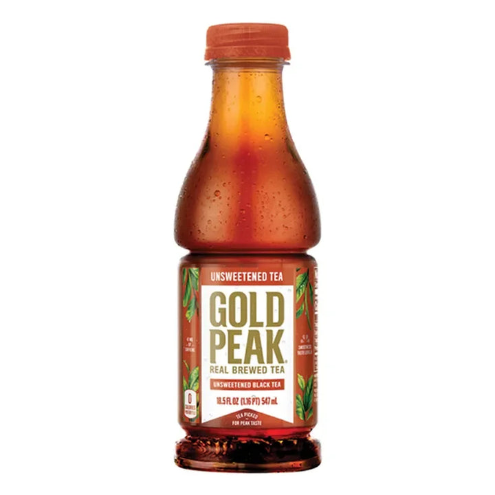 A bottle of Gold Peak Unsweetened Tea with a red cap and label indicating the product is unsweetened black tea, 18.5oz in size.