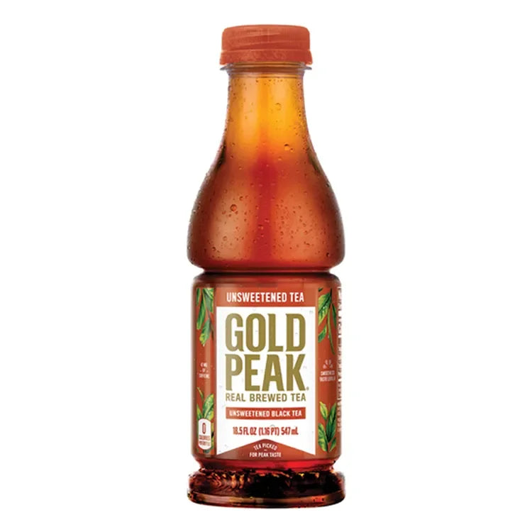 A bottle of Gold Peak Unsweetened Tea with a red cap and label indicating the product is unsweetened black tea, 18.5oz in size.