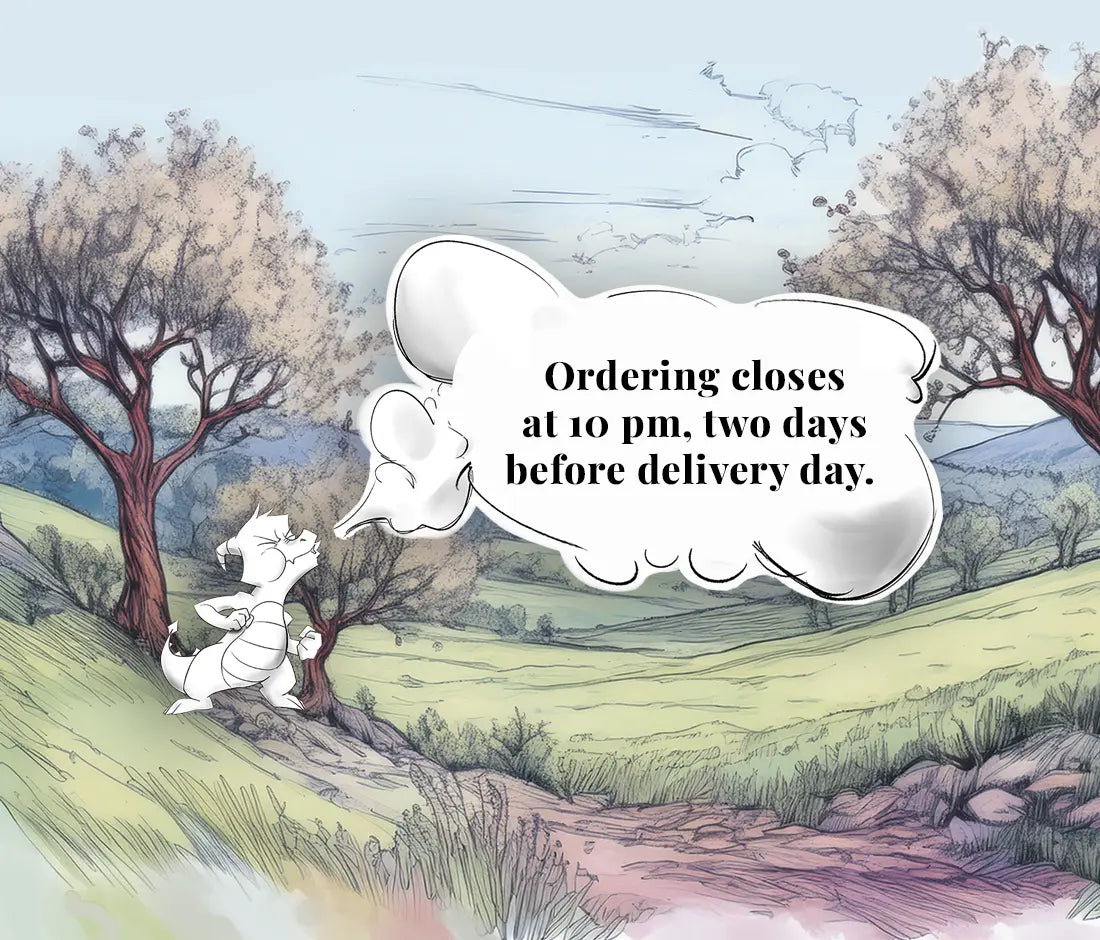 Hand drawing of Pen the dragon blowing smoke that displays the cut-off ours for ordering, on a winter themed background