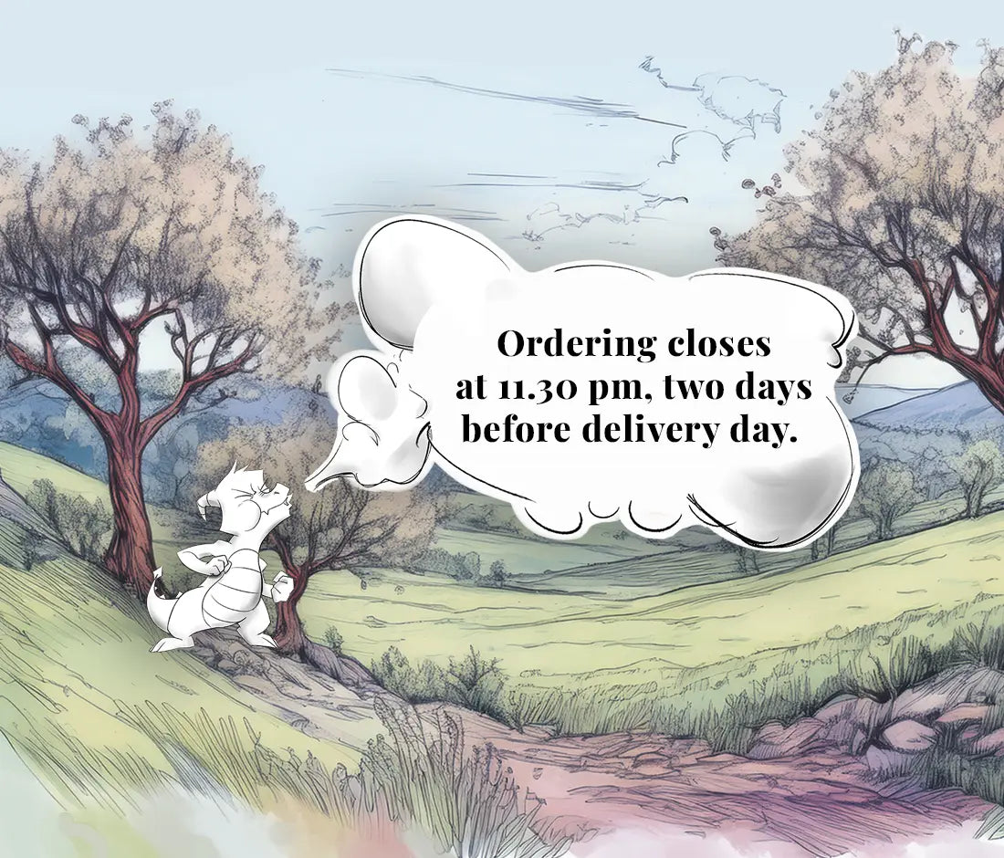 Hand drawing of Pen the dragon blowing smoke that displays the cut-off ours for ordering, on a winter themed background