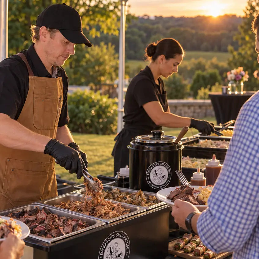 Pendragon’s Smokehouse staff serving guests at a BBQ catering event