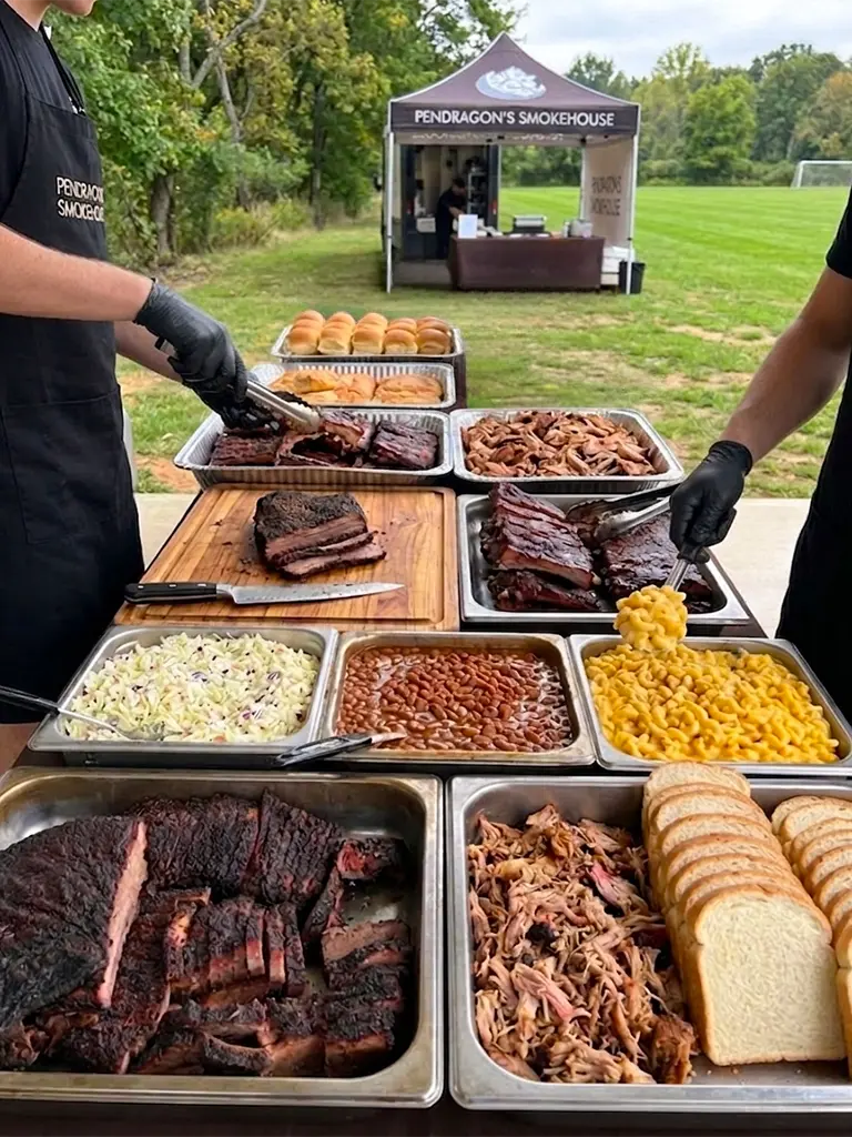 Pendragon's Smokehouse catering setup for an Essex County event