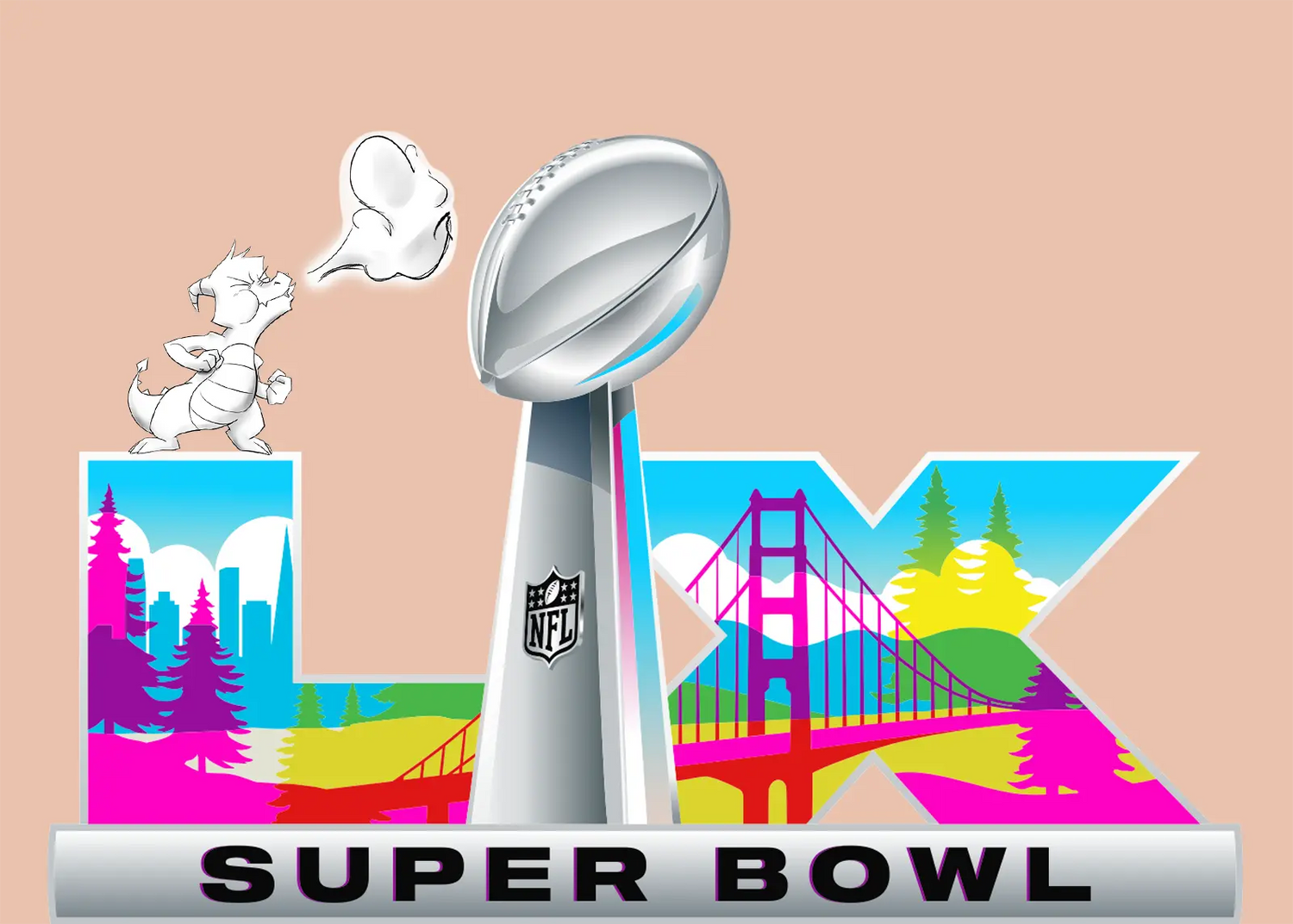 Hand drawing of Pen the dragon blowing smoke that displays the cut-off ours for ordering, on a white and terracotta colored background